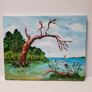 Original Oil Painting on Canvas, Signed Joan Pope, Beach Scene with Heron, 11x14